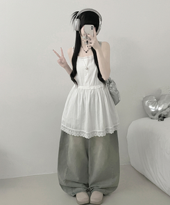 이브버튼레이스코튼프릴레이어드미니끈원피스 아이보리