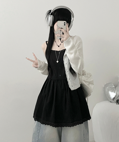 이브버튼레이스코튼프릴레이어드미니끈원피스 블랙