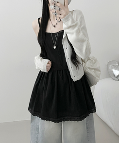 이브버튼레이스코튼프릴레이어드미니끈원피스 블랙