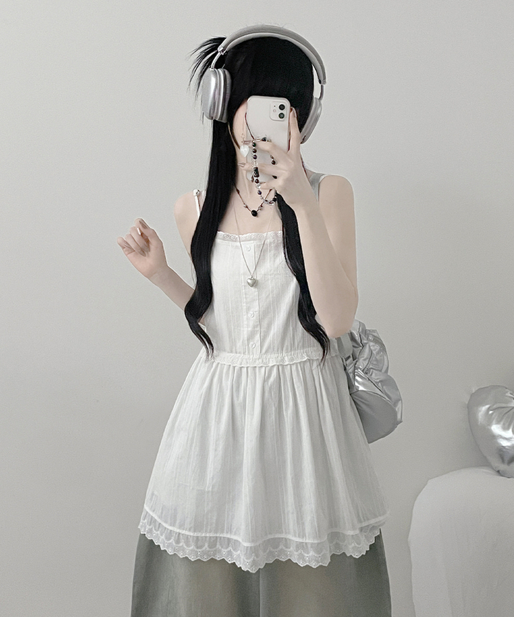 이브버튼레이스코튼프릴레이어드미니끈원피스 아이보리
