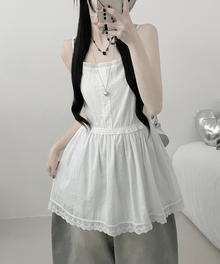 이브버튼레이스코튼프릴레이어드미니끈원피스 아이보리