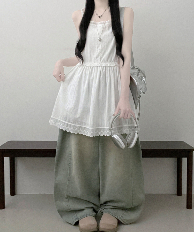 이브버튼레이스코튼프릴레이어드미니끈원피스 아이보리