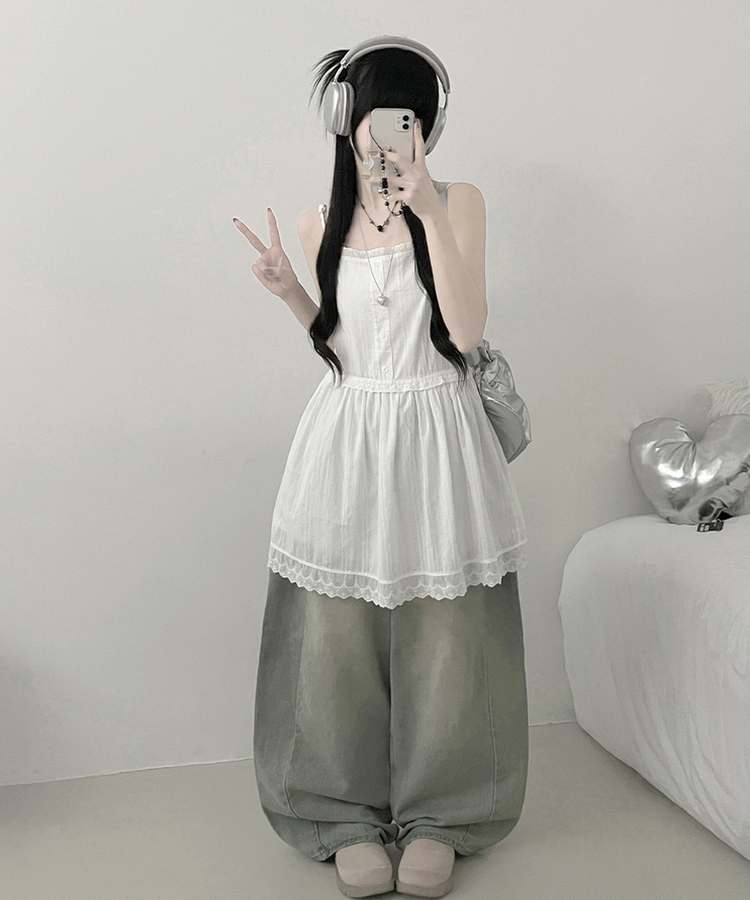 이브버튼레이스코튼프릴레이어드미니끈원피스 아이보리