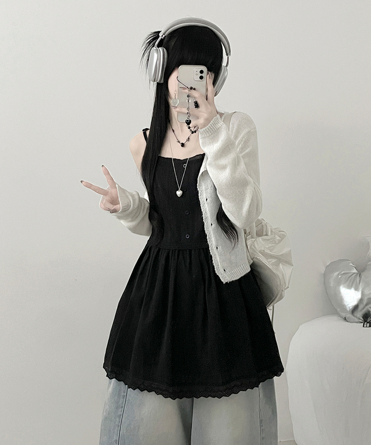 이브버튼레이스코튼프릴레이어드미니끈원피스 블랙