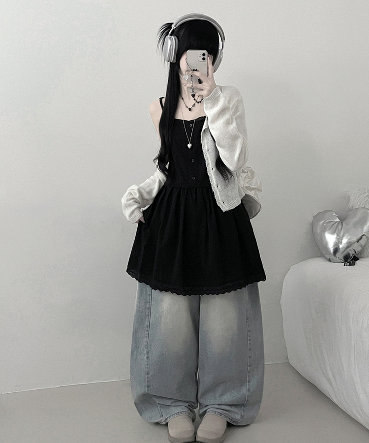 이브버튼레이스코튼프릴레이어드미니끈원피스 블랙