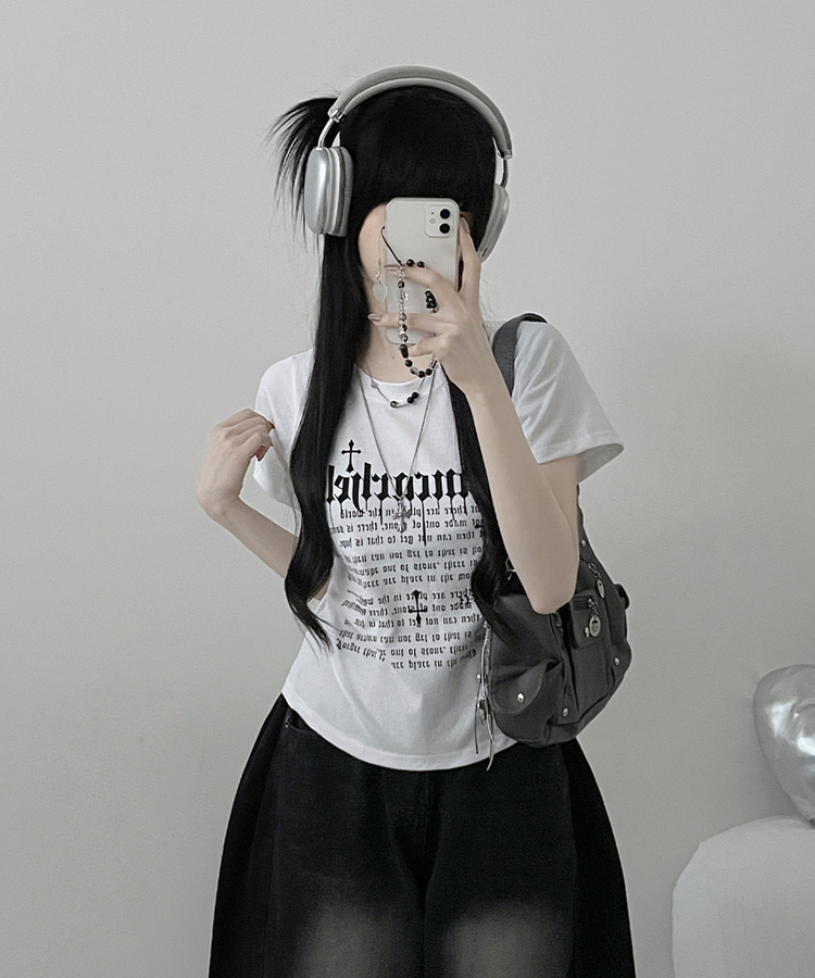 반팔ver두벌레터링빈티지세미크롭반팔티셔츠 아이보리