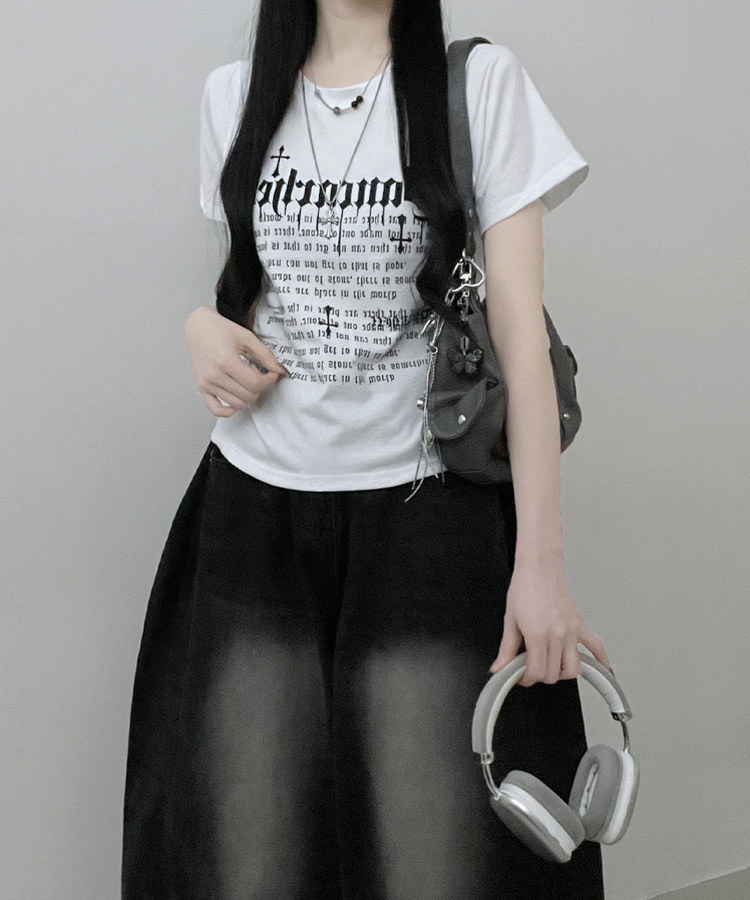 반팔ver두벌레터링빈티지세미크롭반팔티셔츠 아이보리