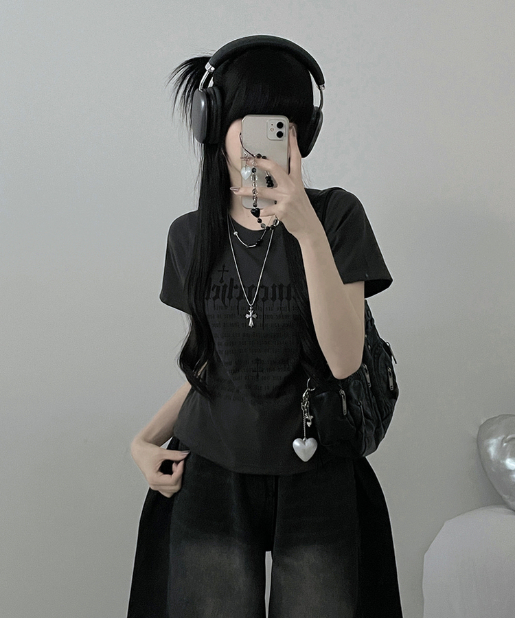 반팔ver두벌레터링빈티지세미크롭반팔티셔츠 차콜