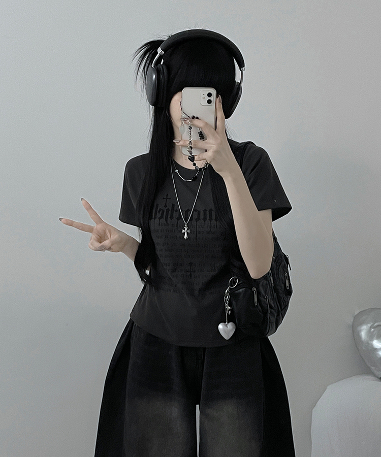 반팔ver두벌레터링빈티지세미크롭반팔티셔츠 차콜