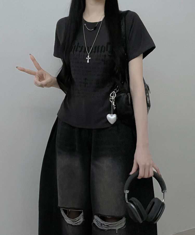 반팔ver두벌레터링빈티지세미크롭반팔티셔츠 차콜