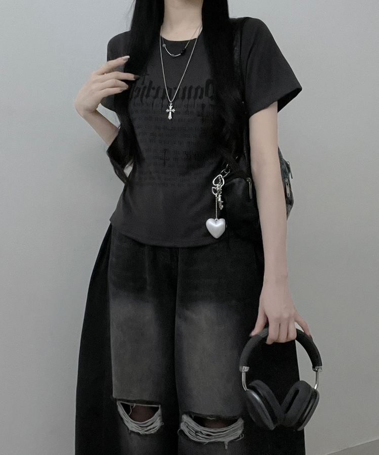 반팔ver두벌레터링빈티지세미크롭반팔티셔츠 차콜