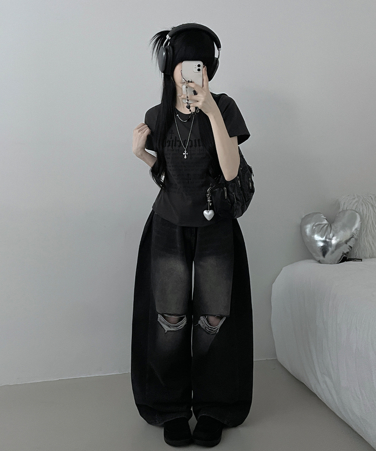 반팔ver두벌레터링빈티지세미크롭반팔티셔츠 차콜