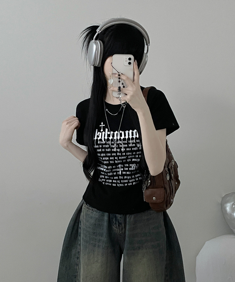 반팔ver두벌레터링빈티지세미크롭반팔티셔츠 블랙