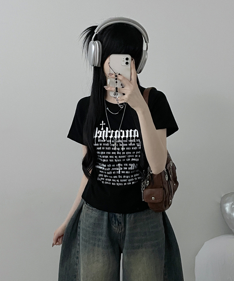 반팔ver두벌레터링빈티지세미크롭반팔티셔츠 블랙