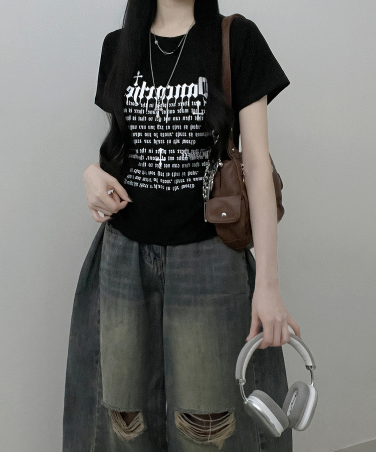 반팔ver두벌레터링빈티지세미크롭반팔티셔츠 블랙