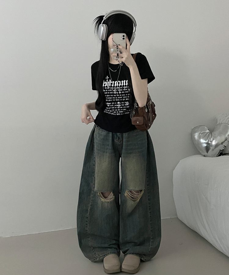 반팔ver두벌레터링빈티지세미크롭반팔티셔츠 블랙