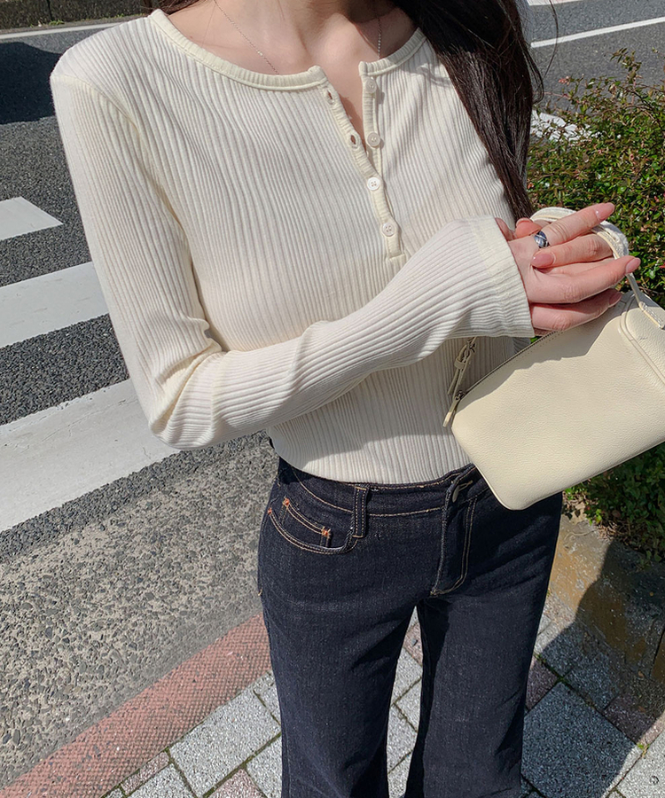 ボタンスリムリブTシャツ CREAM