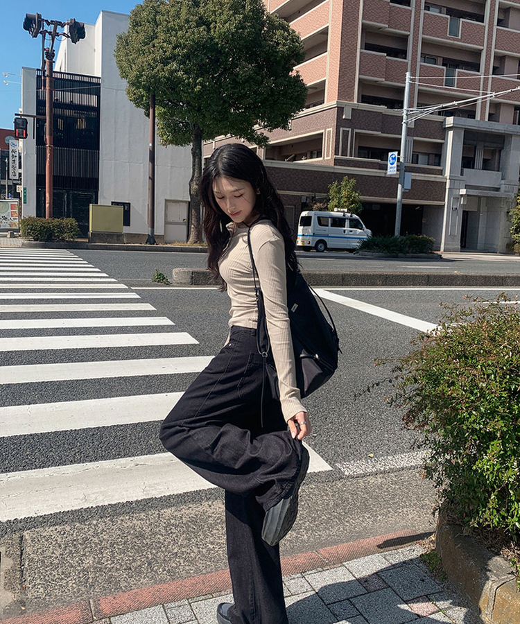 ボタンスリムリブTシャツ BEIGE