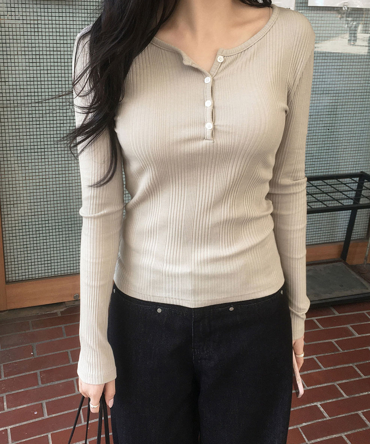 ボタンスリムリブTシャツ BEIGE