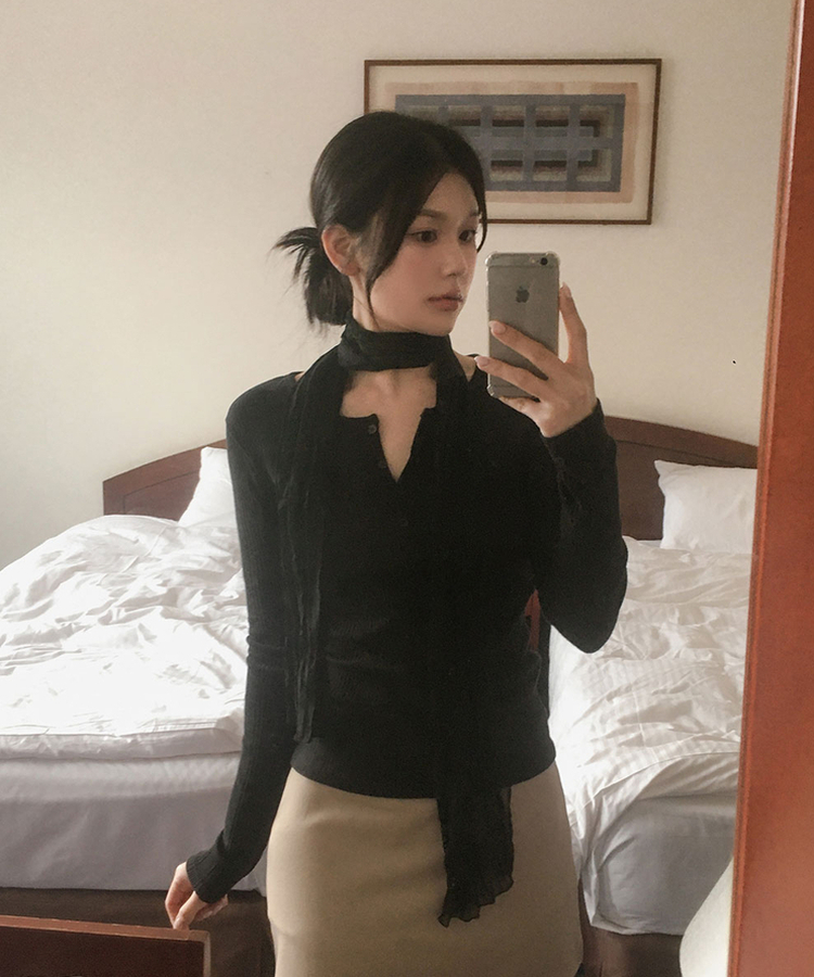 ボタンスリムリブTシャツ BLACK