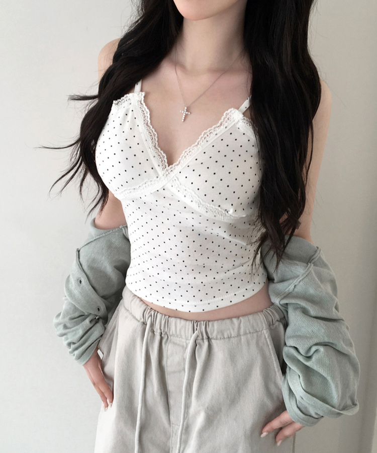 루픽 도트 나시 레이스 브이넥 크롭 민소매 끈나시 슬리브리스 레이어드템 러블리룩 데이트룩 데일리룩 여친룩 봄 신상봄 나시사계절템 아이보리