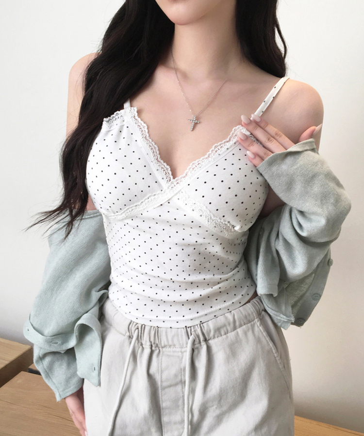 루픽 도트 나시 레이스 브이넥 크롭 민소매 끈나시 슬리브리스 레이어드템 러블리룩 데이트룩 데일리룩 여친룩 봄 신상봄 나시사계절템 아이보리