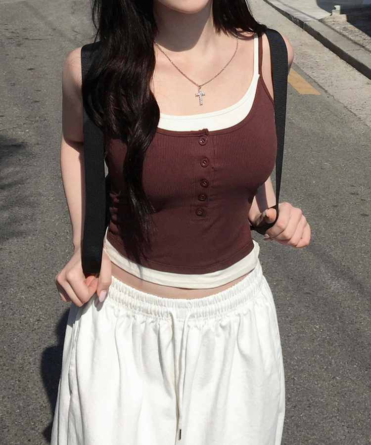 케이즈 단추 일체형 캡나시 민소매 슬리브리스 끈나시 골지 슬림핏 허리잘록핏 레이어드 캐주얼 데일리 봄신상봄나시 브라운