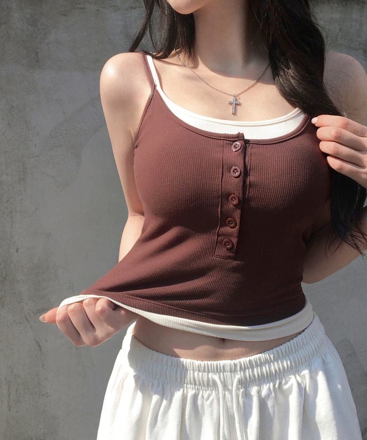 케이즈 단추 일체형 캡나시 민소매 슬리브리스 끈나시 골지 슬림핏 허리잘록핏 레이어드 캐주얼 데일리 봄신상봄나시 브라운