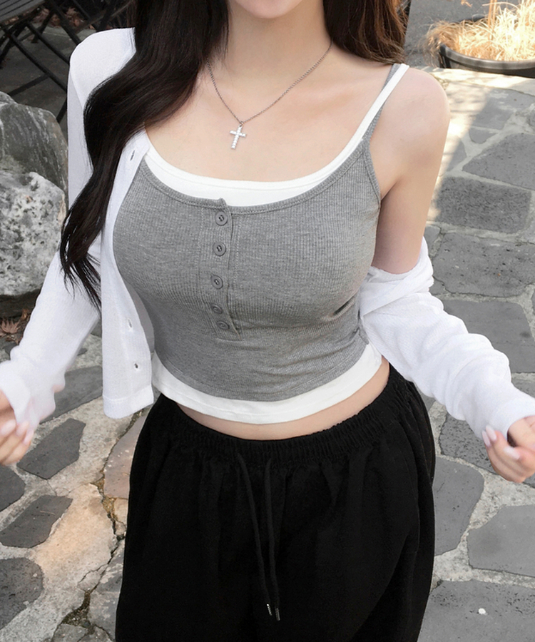케이즈 단추 일체형 캡나시 민소매 슬리브리스 끈나시 골지 슬림핏 허리잘록핏 레이어드 캐주얼 데일리 봄신상봄나시 그레이