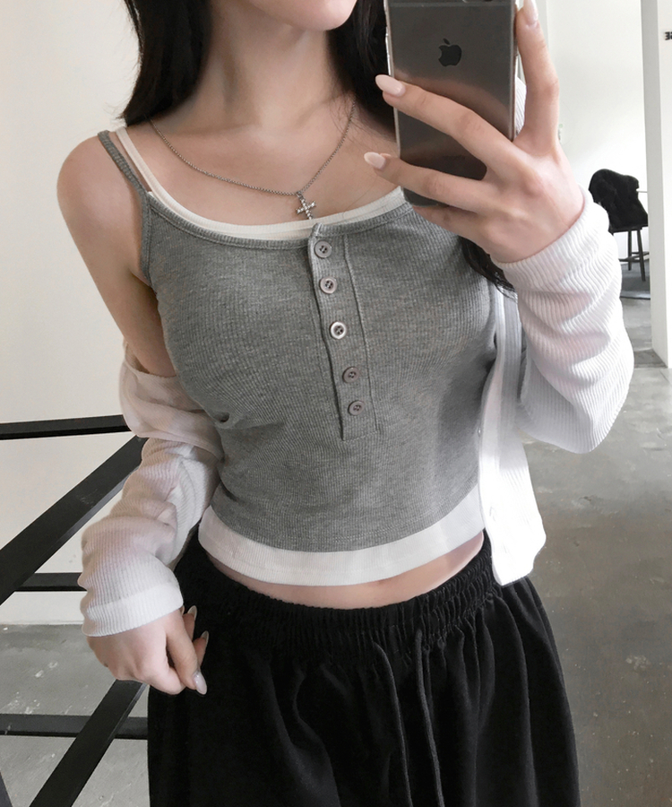 케이즈 단추 일체형 캡나시 민소매 슬리브리스 끈나시 골지 슬림핏 허리잘록핏 레이어드 캐주얼 데일리 봄신상봄나시 그레이