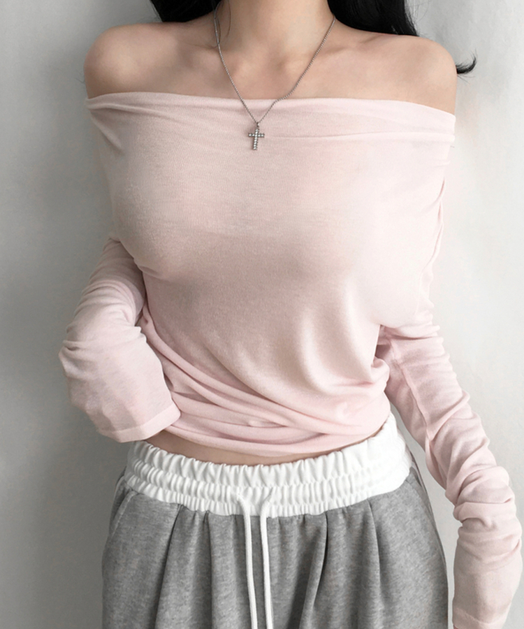 피젠 드레이프 오프숄더 티셔츠 긴팔 원숄더 핀턱 셔링 쫀쫀 여리 페미닌 러블리 데이트룩 말라핏 꾸안꾸 레이어드 봄신상간절기티셔츠 핑크