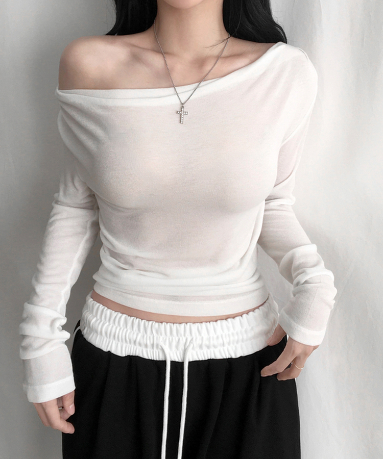 피젠 드레이프 오프숄더 티셔츠 긴팔 원숄더 핀턱 셔링 쫀쫀 여리 페미닌 러블리 데이트룩 말라핏 꾸안꾸 레이어드 봄신상간절기티셔츠 아이보리