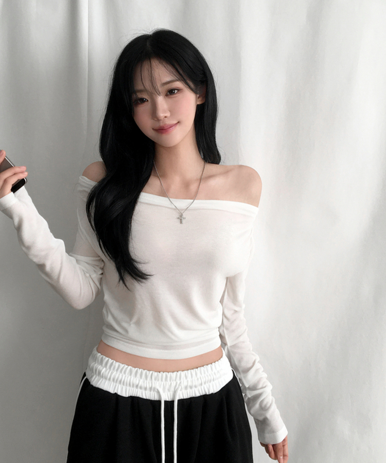 피젠 드레이프 오프숄더 티셔츠 긴팔 원숄더 핀턱 셔링 쫀쫀 여리 페미닌 러블리 데이트룩 말라핏 꾸안꾸 레이어드 봄신상간절기티셔츠 아이보리