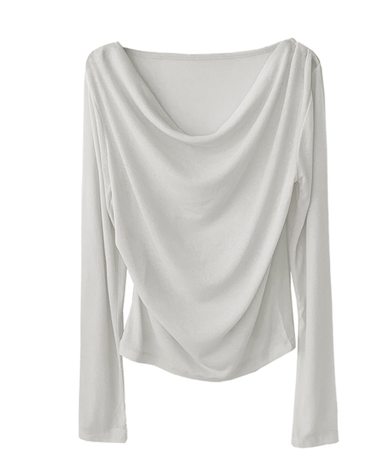 피젠 드레이프 오프숄더 티셔츠 긴팔 원숄더 핀턱 셔링 쫀쫀 여리 페미닌 러블리 데이트룩 말라핏 꾸안꾸 레이어드 봄신상간절기티셔츠