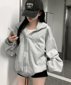 시엘 스터드 후드집업 포켓 빅후드 절개 긴팔 트레이닝 자켓 하이넥 포인트 유니크 힙무드 아방핏 데일리룩 개강룩 봄신상봄아우터간절기아우터 그레이