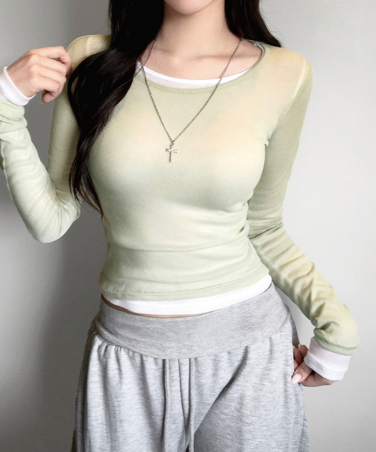 멀로즈 시스루 레이어드 티셔츠 긴팔 라운드 쫀쫀 파스텔 슬림핏 러블리 데일리룩 포인트템 봄신상봄레이어드봄컬러 그린