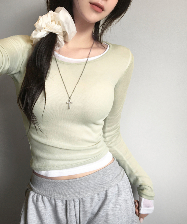 멀로즈 시스루 레이어드 티셔츠 긴팔 라운드 쫀쫀 파스텔 슬림핏 러블리 데일리룩 포인트템 봄신상봄레이어드봄컬러 그린