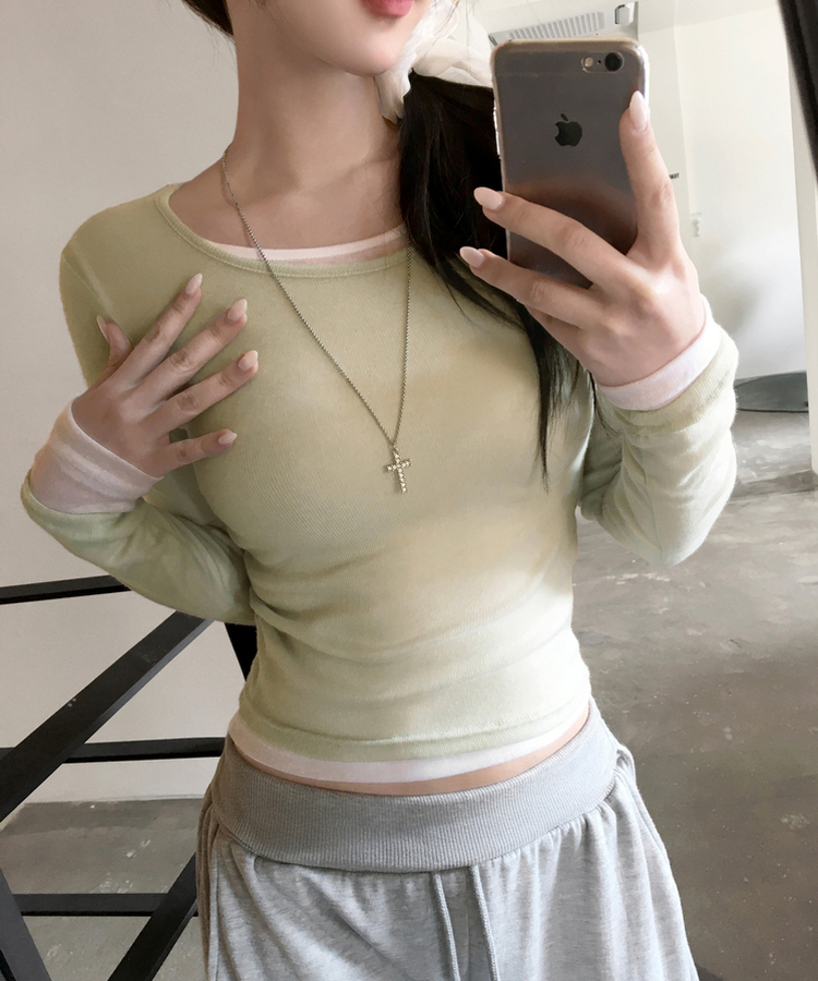 멀로즈 시스루 레이어드 티셔츠 긴팔 라운드 쫀쫀 파스텔 슬림핏 러블리 데일리룩 포인트템 봄신상봄레이어드봄컬러 그린