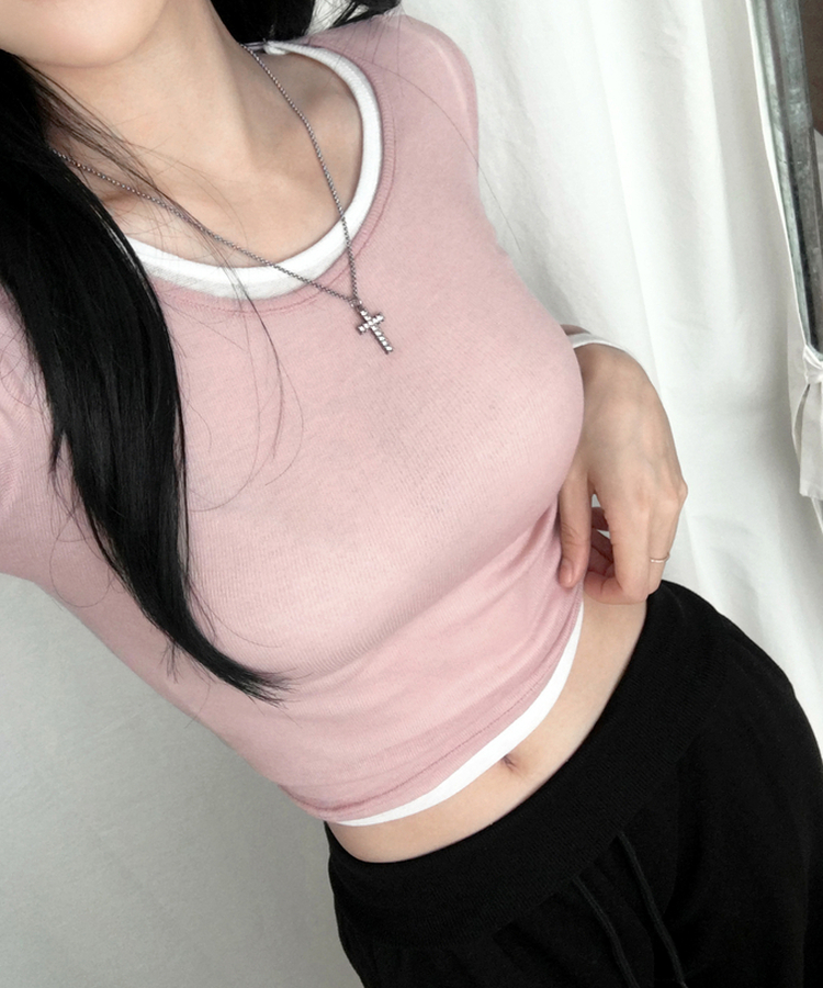 멀로즈 시스루 레이어드 티셔츠 긴팔 라운드 쫀쫀 파스텔 슬림핏 러블리 데일리룩 포인트템 봄신상봄레이어드봄컬러 피치