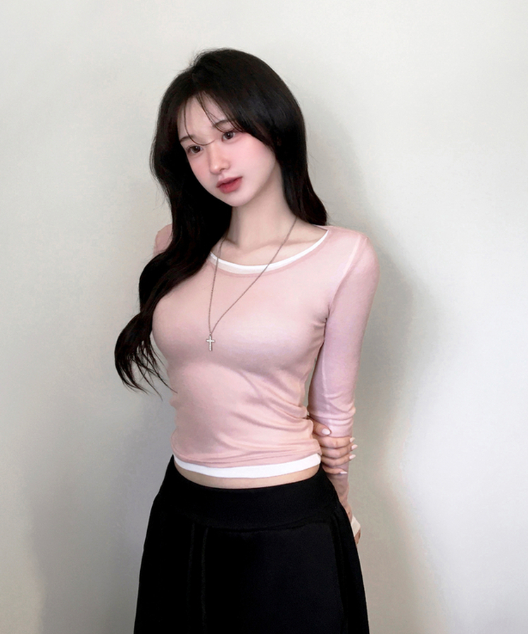 멀로즈 시스루 레이어드 티셔츠 긴팔 라운드 쫀쫀 파스텔 슬림핏 러블리 데일리룩 포인트템 봄신상봄레이어드봄컬러 피치