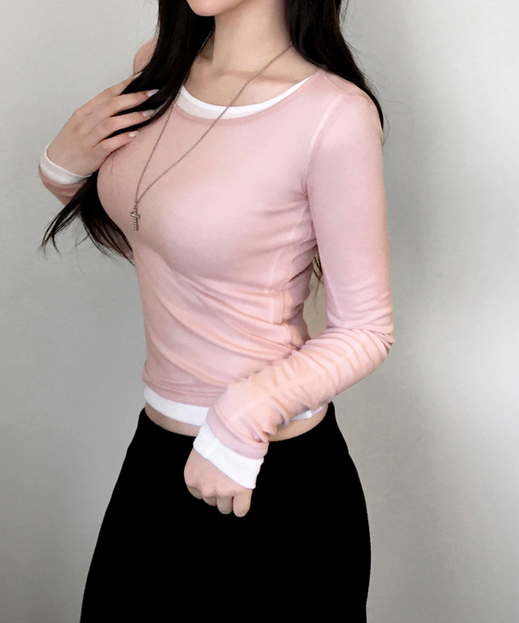 멀로즈 시스루 레이어드 티셔츠 긴팔 라운드 쫀쫀 파스텔 슬림핏 러블리 데일리룩 포인트템 봄신상봄레이어드봄컬러 피치