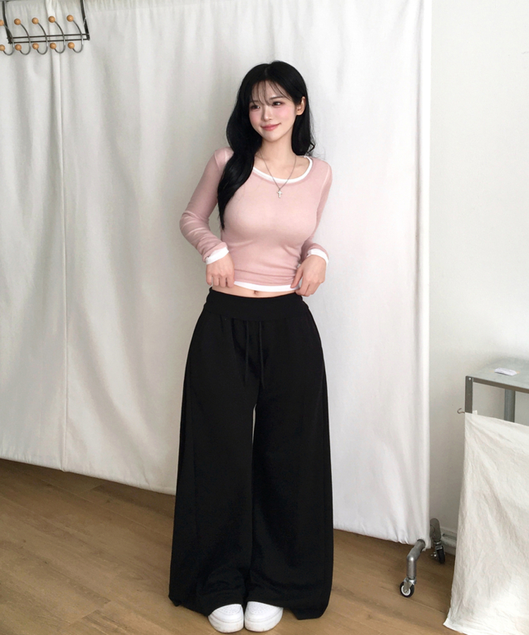 멀로즈 시스루 레이어드 티셔츠 긴팔 라운드 쫀쫀 파스텔 슬림핏 러블리 데일리룩 포인트템 봄신상봄레이어드봄컬러 피치