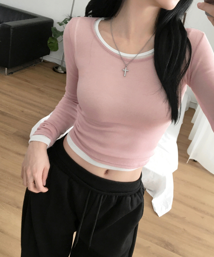 멀로즈 시스루 레이어드 티셔츠 긴팔 라운드 쫀쫀 파스텔 슬림핏 러블리 데일리룩 포인트템 봄신상봄레이어드봄컬러 피치