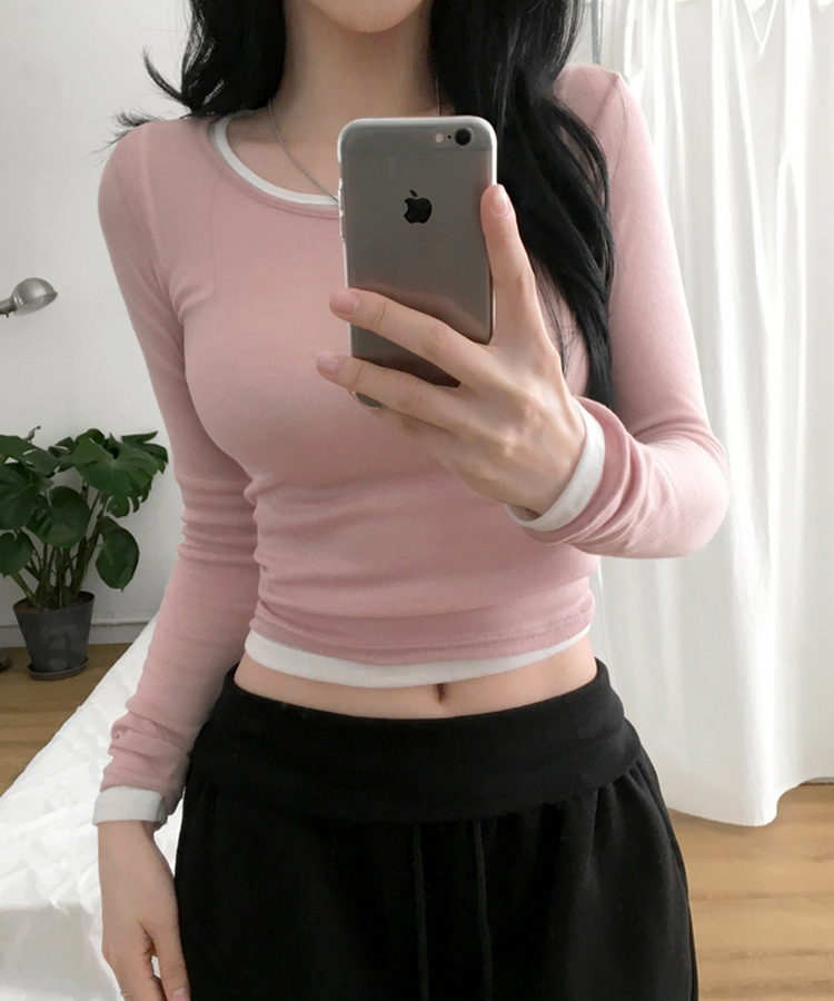 멀로즈 시스루 레이어드 티셔츠 긴팔 라운드 쫀쫀 파스텔 슬림핏 러블리 데일리룩 포인트템 봄신상봄레이어드봄컬러 피치
