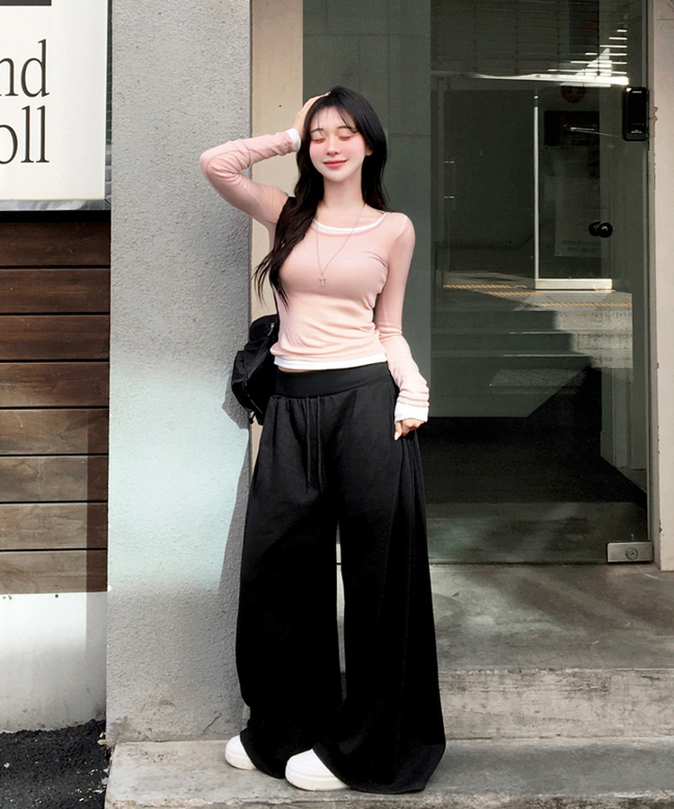 멀로즈 시스루 레이어드 티셔츠 긴팔 라운드 쫀쫀 파스텔 슬림핏 러블리 데일리룩 포인트템 봄신상봄레이어드봄컬러 피치