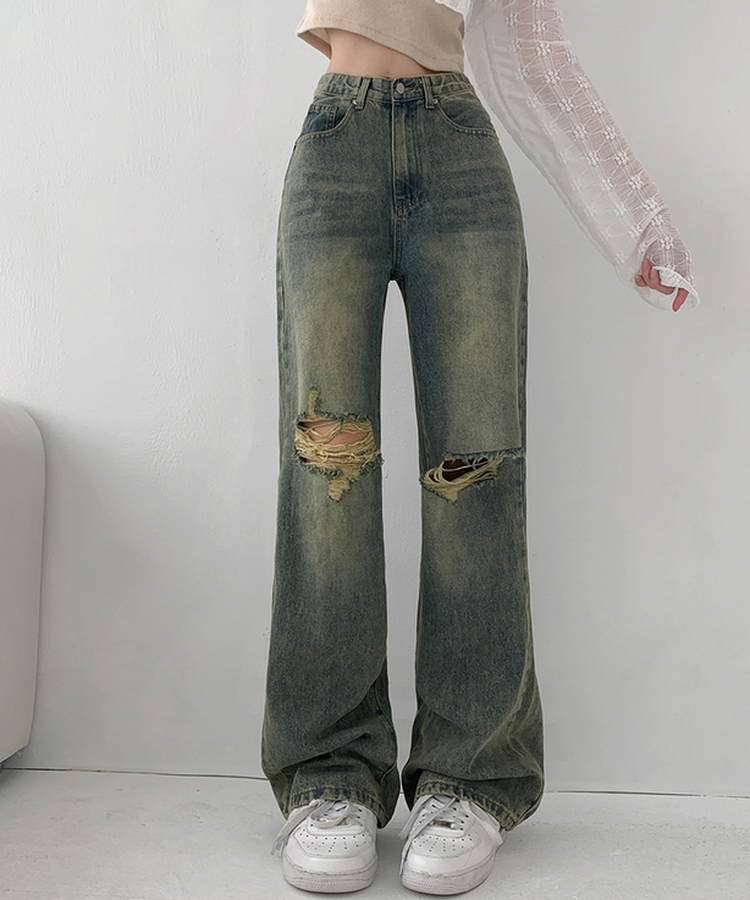 【丈別】ダメージセミワイドデニム(5color) VINTAGE BLUE