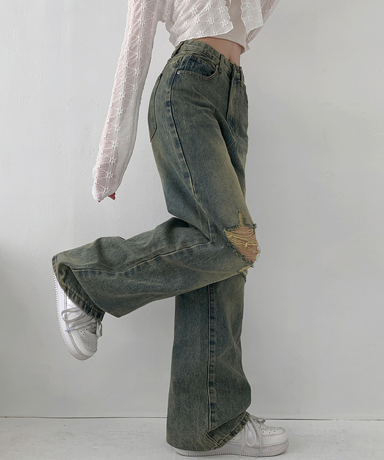 【丈別】ダメージセミワイドデニム(5color) VINTAGE BLUE