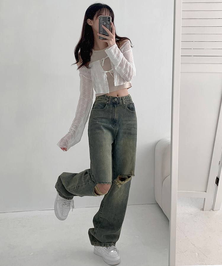 【丈別】ダメージセミワイドデニム(5color) VINTAGE BLUE