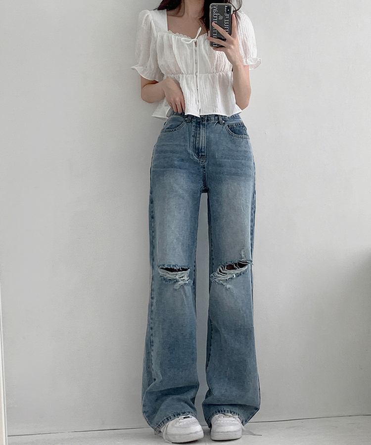 【丈別】ダメージセミワイドデニム(5color) LIGHT DENIM