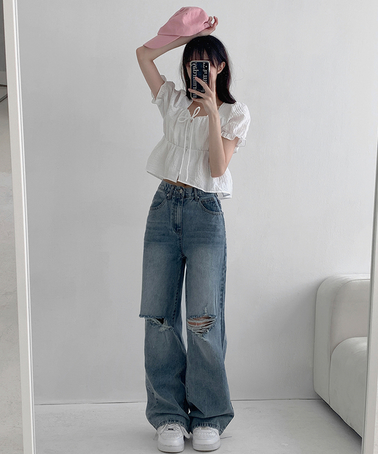 【丈別】ダメージセミワイドデニム(5color) LIGHT DENIM